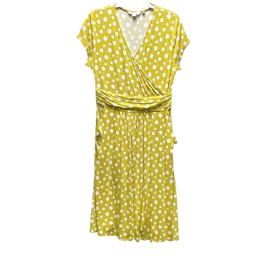 Boden size 8 Lola Viscose Jersey dress in a yellow polka dot V neck.
